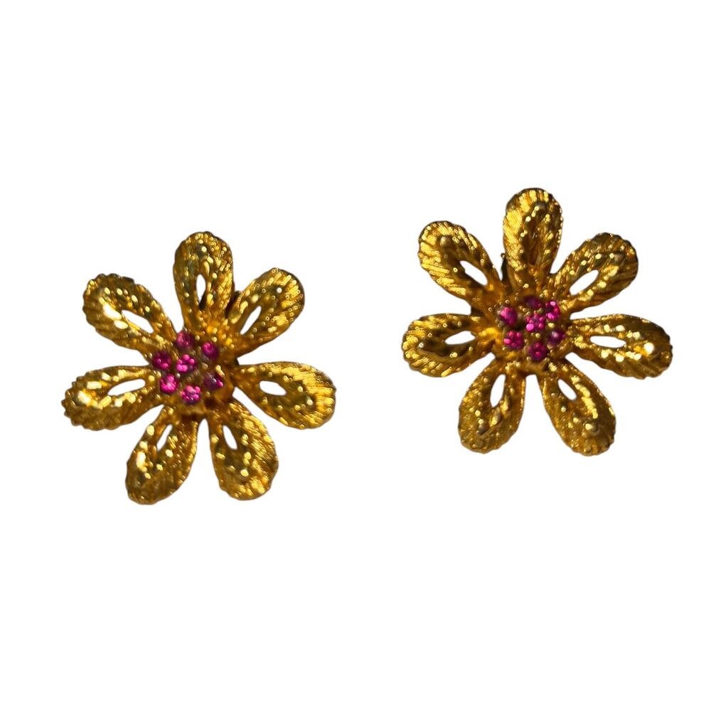 Vintage Womens Pastelli Earrings Gold Tone Pink Crystal Clip On Stud Jewelry
